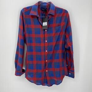New FIVE FOUR Mens Long Sleeve Plaid Shirt  Size S Shacket Pockets Red Blue